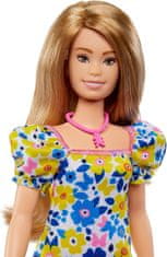 Mattel Barbie Modelka 208 - šaty s modrými a žlutými květinami FBR37